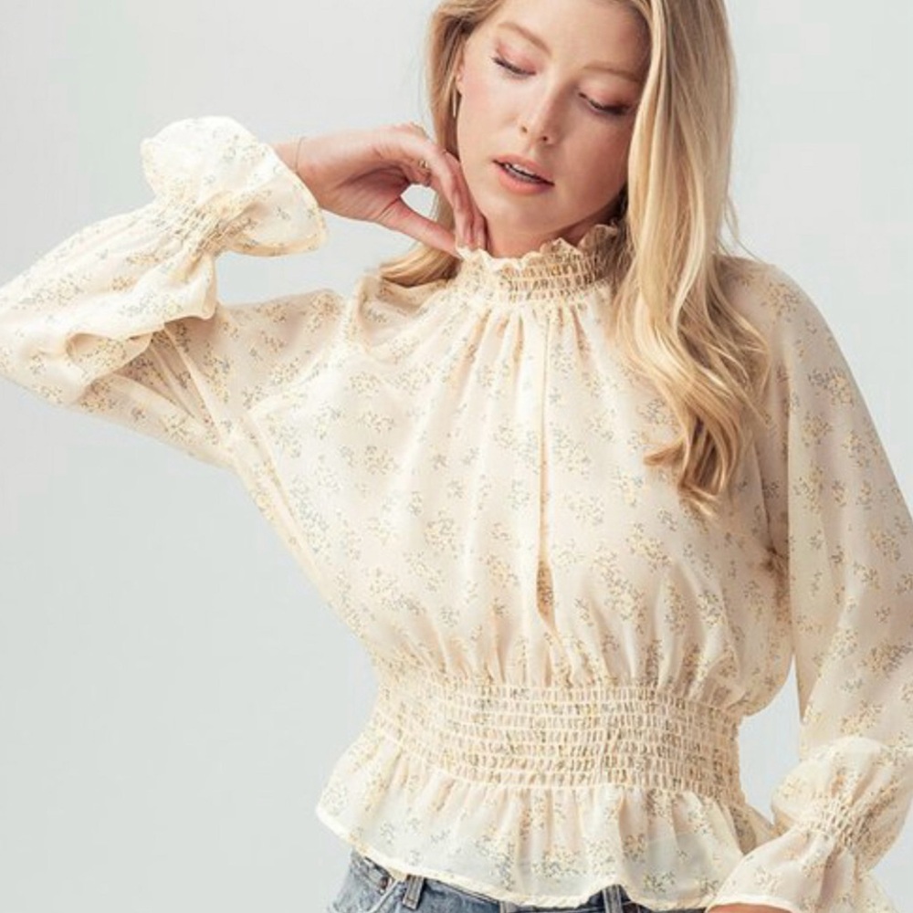 Floral print long sleeve mock neck top romantic style